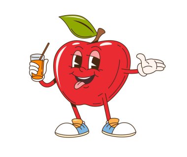 Çizgi film modası geçmiş, komik yüzlü kırmızı elma karakteri, vektör meyve emojisi. Neşeli gülüşlü, nefis dilli, meyveli çizgi film karakteri için meyve suyu ve bardaktan meyve suyu içen harika bir elma.