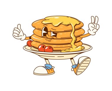 Şerbetli ve böğürtlenli krep yığını. İzole edilmiş vektör retro pasta kişiliği mutlu bir şekilde barış işareti ve göz kırparak kahvaltıya neşeli, tatlı bir hava katıyor.