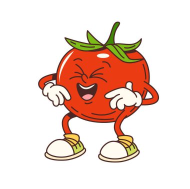 Çizgi film harika olgun domates sebze karakteri mutlu bir şekilde gülüyor. İzole vektör neşeli kırmızı domates sebzesi, sağlıklı yiyecek kişiliği eğlenceli ve komik bir ifade sergileyen retro hippi y2k titreşimli.
