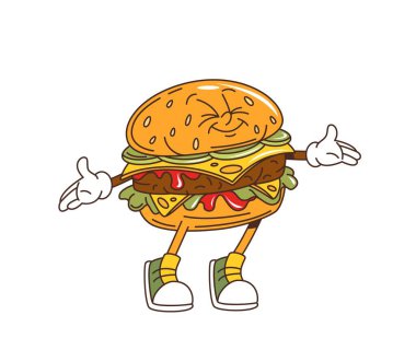 Çizgi film modası geçmiş hamburger fast food karakteri, vektör çizgi roman emojisi. Hamburger ya da çizburger sandviçi, neşeli bir yüz, komik bir gülümseme ve fast food çizgi film karakteri için nefis bir duygu.
