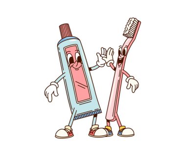 Harika diş macunu ve kocaman gülüşlü beşlik çakan fırça karakterleri. Çizgi film vektörü eğlence ve dost canlısı geçmişe dönük kişilikler hijyen, diş bakımı ve çocuklar için arkadaşlık diş tanıtımı ve sağlık hizmetleri taşır