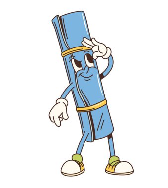 Komik yüzlü, vektör komedyen emojisi olan harika bir seyahat minderi karakteri. Harika bir kamp halısı ya da tuhaf duyguları olan yoga minderi. Kamp yapmak ve turizmi gezmek için geçmişe dönük çizgi film karakterleri arıyor.