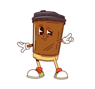 Neşeli yüzlü, işaret levhasıyla poz veren harika bir kahve fincanı karakteri. İzole edilmiş çizgi film vektörü tek kullanımlık hazır yemek kupası sıcak içecek, neşeli gülen yüz ve göz kırpan göz.