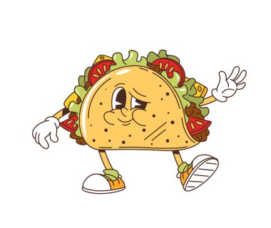 Çizgi film modası geçmiş taco karakteri ya da fast food emojisi, komik vektör. Neşeli gülüşlü ve komik yüzlü harika taco Meksika mutfağı ve fast food çizgi film karakteri için merhaba ya da hi jesti