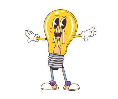 Çizgi film eski moda ampul karakteri. İzole edilmiş vektör, neşeli sarı lamba şahsiyeti klasik spor ayakkabıları ve uzanmış elleri parlak fikri, yaratıcılığı ve neşeli hippi enerjisini somutlaştırıyor.