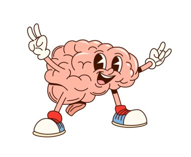 Harika bir insan beyni. Çizgi film vektörü mutlu anatomi tıbbı retro kişilik neşeli ifadeyle barış işaretleri yapıyor, yaratıcılığı, zekayı ve pozitif enerjiyi, zekayı, fikri somutlaştırıyor.