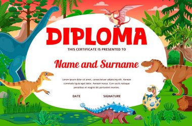 Tarih öncesi komik dinozorlara, orman ormanlarına ve dağ karikatürlerine sahip çocuk diploması. Vector sertifikası, diploma, dinozorlar ve yavru dinozor yumurtası ile başarı ödülü veya ödülü