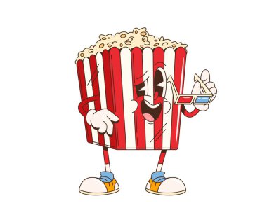 Çizgi film modası geçmiş fast food patlamış mısır kovası karakteri, 3D film gözlüğü ve mutlu yüz ifadesi. İzole edilmiş vektör patlamış mısır kutusu kişiliği, kırmızı ve beyaz çizgili, spor ayakkabı giyiyor.