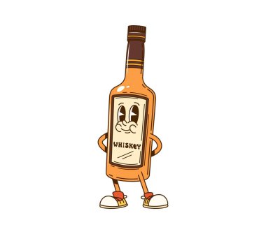 Cartoon groovy whiskey bottle alcohol drink and beverage retro character. Isolated vector glass flask personage in hippie sneakers, exuding funky vibe, radiates joy and a playful spirit for bar menu clipart