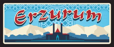 Erzurum Türk İli için klasik kartpostal. Karmaşık oryantal süslemeleri, dağları ve tarihi bir binası olan vektör retro afişi. Türkiye 'nin zengin kültür ve mimarisini vurgulayan plaka veya tabak