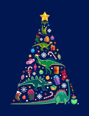 Christmas dinosaurs tree. Cartoon vector festive decorated pine tree with playful dino animals and cute hatching reptile baby among gifts, ornaments and candy canes, ready for holiday celebration clipart