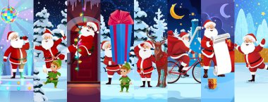 Christmas Santa characters collage for winter holiday, vector cartoon background. Funny Santa on bicycle with gifts, singing and skating on ice rink with elf and reindeer for Christmas holiday collage clipart