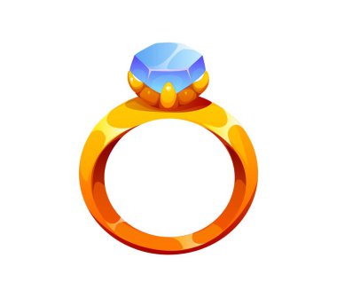 Sevgililer Günü için büyük mavi değerli taşlı zarif altın yüzük, aşk ve nişanla ilgili konular için lüks, zarafet ve bağlılığı simgeler. İzole vektör sofistike altın teklif halkası