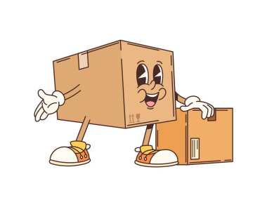 Harika bir dağıtım karton karton çizgi film karakteri, gülen surat, etkileyici gözler ve modaya uygun hippi ayakkabıları, başka bir küçük kutunun yanında duruyor, eğlenceli ve oyuncu bir dağıtım ve posta servisi