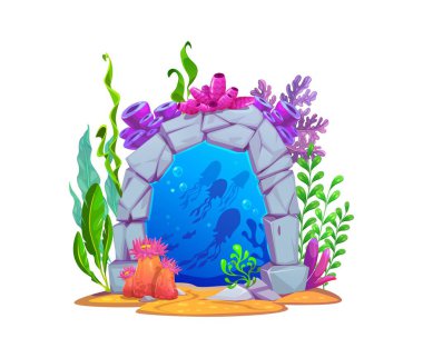 Su altı geçidi, sihirli kapı ve kapı. Çizgi film vektörü kayalık kemer yolu renkli mercanlar, deniz bitkileri ve deniz yosunlarıyla çevrili, derin deniz ortamında yüzen denizanalarının siluetlerini barındırıyor.