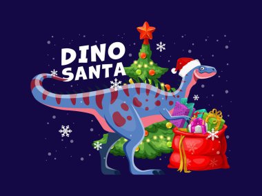 Noel Dinozor tebrik kartı, içinde Noel Baba şapkası takan oyuncu Alectrosaurus dino Noel ağacı hediyeleri dağıtıyor. Karikatür vektörü, tarih öncesi hayvan, bayram kutlamaları ve neşe saçar.