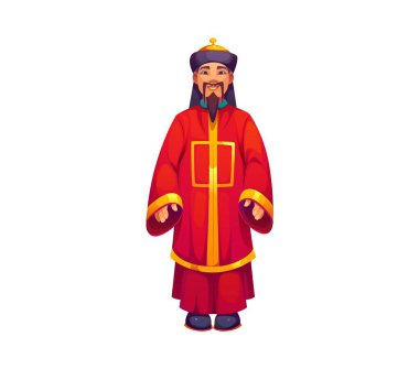 Çinli adam, yeni yıl kutlamaları için geleneksel kırmızı kıyafetler giyiyor. Refahı, iyi talihi, kültürel mirası ve festival geleneklerini simgeliyor. İzole vektör neşeli erkek karakter