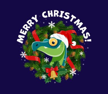 Noel çelengi, kozalak, kutsal yapraklar ve kurdelelerle süslenmiş Noel Baba şapkası takan oyuncu bir dinozor. Karikatür vektörü dino hayvan bayram neşesi yayıyor ve neşeli ruhuyla selamlıyor.