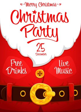 Noel Baba 'nın sakallı el ilanı, kırmızı Noel takım elbiseli bayram posteri. 25 Aralık 'ta bedava içki ve canlı müzik eşliğinde Mutlu Noeller ve yeni yıl kutlamaları için vektör partisi daveti