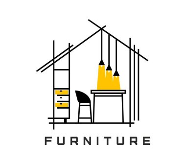 Ofis ve ev dekorasyonu mobilya ikonu. Mimar ya da inşaat şirketinin vektör çizgisi sembolü, emlakçı ajansı ya da mobilya mağazası baro sandalyesi ve masası, dolapları, tavan lambaları olan minimal simge