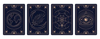 Esrarengiz göksel çerçeveli sihirli tarot kartları, vektör arkaplan. Tarot kartları güverteyi tersine çevirip, altın çerçevelerle kaplıyor. Gizemli sihirli güneş ve ay, yıldızlar ve mason piramidi.
