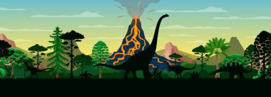 Prehistoric dinosaurs silhouettes at volcano landscape in Jurassic era forest, vector background. Giant lizards and dinosaur reptile silhouettes in jungle with volcano eruption for paleontology museum clipart