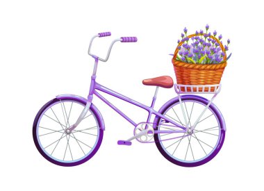 Taze lavanta çiçekleriyle dolu sepeti ve rahatlama, baharda veya yaz mevsiminde bahçecilik, çevre dostu ulaşım ve Provence temaları için rahat koltuğu içeren bir çizgi film mor bisikleti.