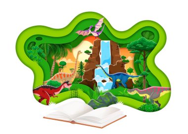 Opened book with prehistoric dinosaurs vector paper cut banner with jurassic forest and waterfall nature landscape background. Cartoon prehistoric dino animal characters in 3d paper cut wavy frame clipart