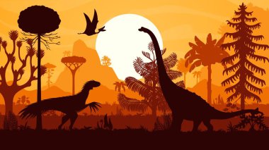 Giant prehistoric dinosaurs silhouettes vector background with trees, mountains and setting sun. Titanosauria, quetzalcoatlus and therizinosaurus dinosaur animal silhouettes in jungle forest at sunset clipart