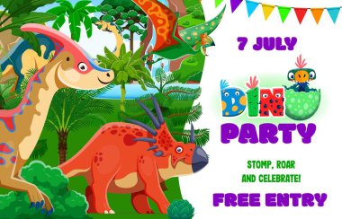 Kids dino party flyer with cartoon funny prehistoric dinosaurs and lizards, vector event poster. Dino museum or Jurassic park entertainment party even flyer with giant dinosaurs and dino in eggs clipart