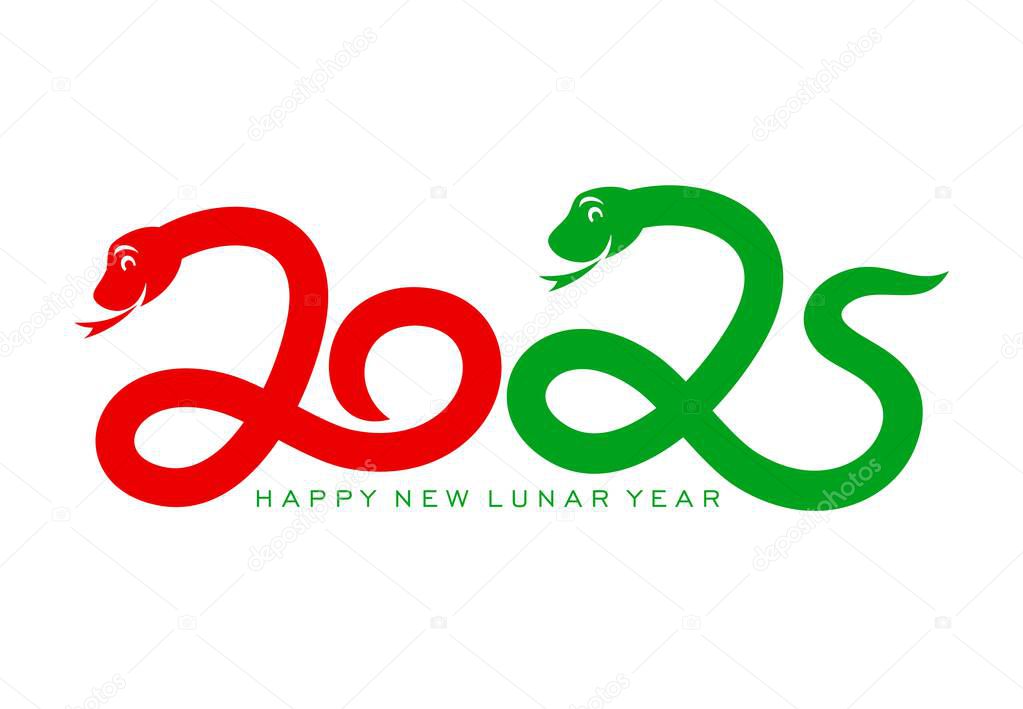 2025 Chinese Lunar New Year snake for calendar date number with greeting, vector symbol. Happy New Year and 2025 number in snakes for Chinese lunar winter holiday calendar date and creative font text
