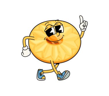 Komik kurabiyeli tatlı karakteri. İzole edilmiş çizgi film vektörü eğlendirici, mutlu pastane şahsiyeti hippi ayakkabıları giyen, neşeli bir ifadeyle parmağını kaldıran, neşeli ve tuhaf titreşimler saçan