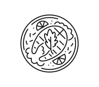 Somon balığı eti ince çizgi ikonu. Restoran deniz ürünleri tabağı, balık eti pişirme lineer ikonu, ton balığı çiğ ürünü, yemek malzemeleri ana hatları vektör piktogramı veya tabakta somon bifteği ile işaret levhası