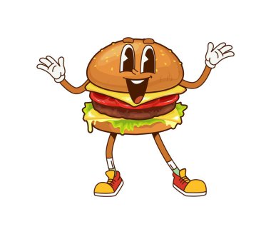 Çizgi film fast-food hamburgerleri süper karakterler. Sokak yemeği kişiliği, abur cubur ya da fast food menüsü hamburgeri şirin, modası geçmiş, izole vektör maskotu ya da karakteri.