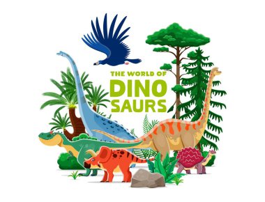 Tarih öncesi dinozorlar, dinozor, sürüngen ve kuş karakterli taşıyıcı dinozor pankartı park ederler. Çizgi film komik brachiosaurus, allosaurus ve argentavis, titanosauria, karbonemys ve arrhinoceratops dinozorları