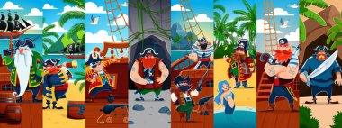 Korsan denizciler ve korsan karakterler Kaptan Skipper kolajı, vektör arkaplan. Karayip macera kolajı hazine adasında korsan gemisi, deniz kızı siren ve silahlı korsan denizci