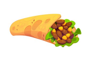 Meksika burrito 'sunda fasulye, mısır ve taze marul dolu tortilla otantik Meksika mutfağının özünü yakalar. İzole vektör iştah açıcı. Meksika 'nın klasik mutfak yemeği.