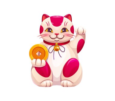 Japon çizgi filmi Maneki Neko kedisi elinde altın bir sikke tutuyor. İzole edilmiş vektör geleneksel kedi, iyi şansı ve refahı simgeliyor. Japon kültürünün sembolü, yükseltilmiş pençeli kedi yavrusu.