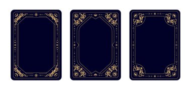 Tarot kartlarının çerçeveleri sihirli, gizemli ve göksel sembollerle, vektör arkaplanlarıyla. Tarot kartları tasarımı kaplar güneşin altın çizgisi çerçevesi ve ay yıldızlarla ve gizemli gizemli süslemelerle