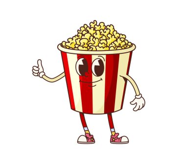 Harika bir fast food patlamış mısır kovası çizgi film karakteri. Baş parmağı havada, vektör emojisi. Fast food ya da sinema atıştırmalıkları için komik suratlı nefis bir patlamış mısır kovası ve eski çizgi filmlerdeki çocuk menüsü karakteri.