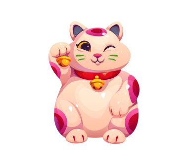 Sevimli çizgi film Maneki Neko, ya da göz kırpan Japon şanslı kedisi, kaldırılmış pençesinde küçük bir çan tutuyor. Pembe benekli, kırmızı yakalı, altın zilli, şans simgesi Asyalı bir kedi.
