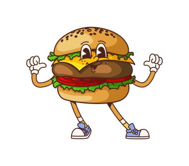 Eski moda fast food çizburger karakteri komik suratlı, çizgi film vektörü. Harika bir çizburger, komik bir gülümsemesi ve fast food burgerleri için güzel bir jesti, emoji ve retro çizgi filmdeki aptal karakter.