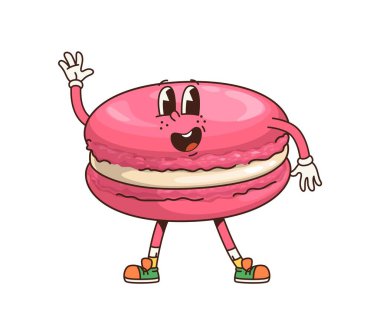 Eski moda badem kurabiyesi karakteri. Çizgi film vektörü pembe tatlı badem kurabiyesi el sallıyor. Çocuk kafesi menüsü için izole edilmiş vektör neşeli şekerleme. Tatlı Fransız pastanesi ya da pastanesi