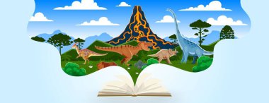 Kids book with prehistoric dinosaurs landscape, cartoon dino animals and volcano. Vector jurassic tyrannosaurus, centrosaurus, titanosauria and parasaurolophus dinosaurs characters coming out of book clipart