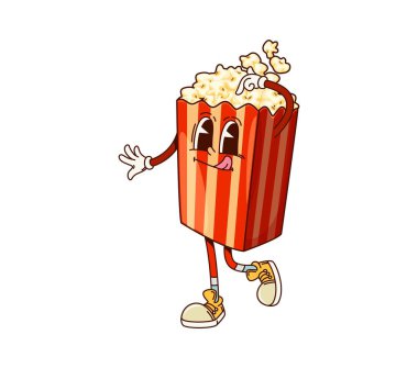 Fast food enfes patlamış mısır kovası komik karakter. Sinema Kafe Atıştırmalığı Mutlu Harika Karakter, Retro Çizgi Film İzole Vektör Şirin Maskot. Paket yemek ya da fast food menüsü patlamış mısır kutusu neşeli kişiliği