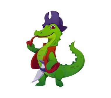 Çizgi film komik timsah korsan hayvan karakteri, pipo içen timsah korsanı. İzole edilmiş vektör, bir kılıçla sürüngen gezgini. Hazine ve macera aramak için açık denizlere yelken açıyor.