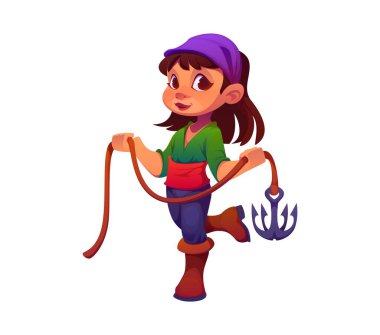 Çizgi filmdeki korsan kız kancayı tutuyor. Karnaval partisi kostümü giymiş Vektör Çocuk Corsair karakteri. Mutlu gülümseyen çocuk korsan kişiliği bandana takar. Kürsü önleme maskeli yalnız bebek.