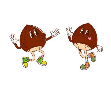 Harika fındıklı karakterler. Çizgi film vektör çiftleri dans ediyor, neşeli ifadeler ve retro ayakkabılar sergiliyor, neşeli ve neşeli hippi havasını ve eğlenceli enerjisini arttırıyor.