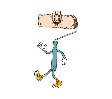 Çizgi film karakteri ya da komik yüzlü çizgi film çalışma aracı, vektör emojisi. Neşeli gülüşü ve komik duyguları olan harika bir boya silindiri. DIY oluşturma veya tamir araçları için retro çizgi film karakteri olarak.