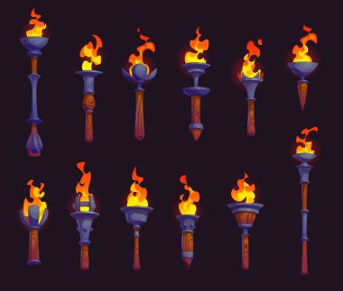 Ortaçağ yangın meşalesi, oyun kaynağı, vektör UI. Ahşap saplı, metal bardaklı, video ve mobil oyun geliştirme elementli çizgi film antik Yunan meşaleleri. Duvar monte edilmiş ve elde tutulan ateş çubukları